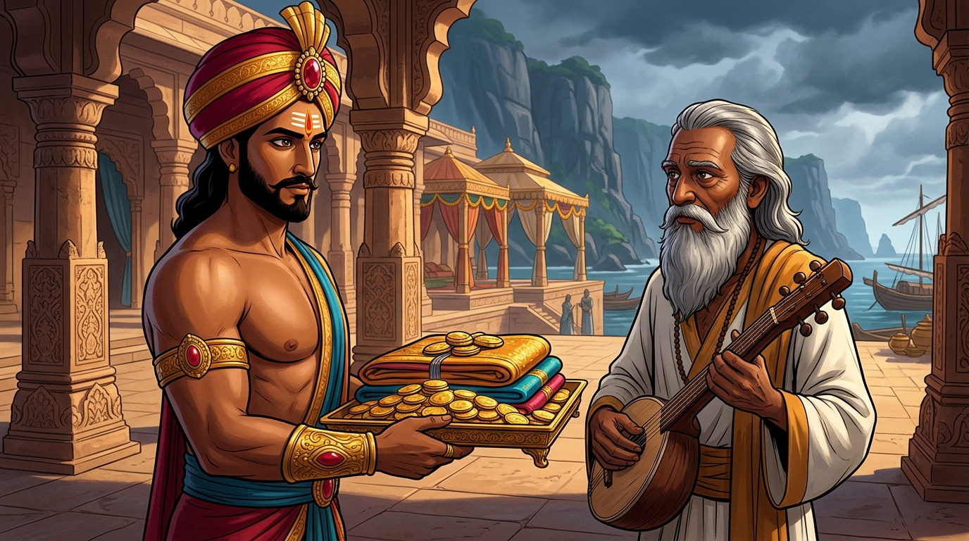 Vikramaditya offers a royal gift of one hundred thousand gold dinars to Gunakara