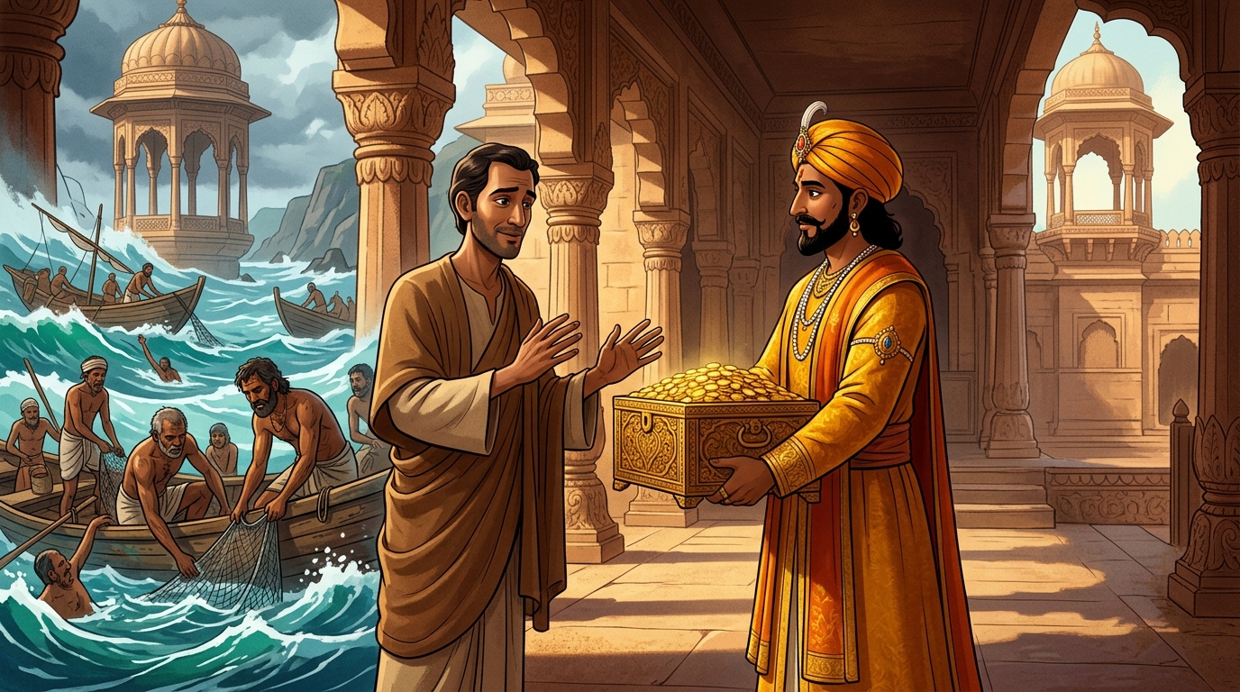 Gunakara declines the gold: 'I live by the sky, but three thousand pearl divers in Prabhasa suffer!'