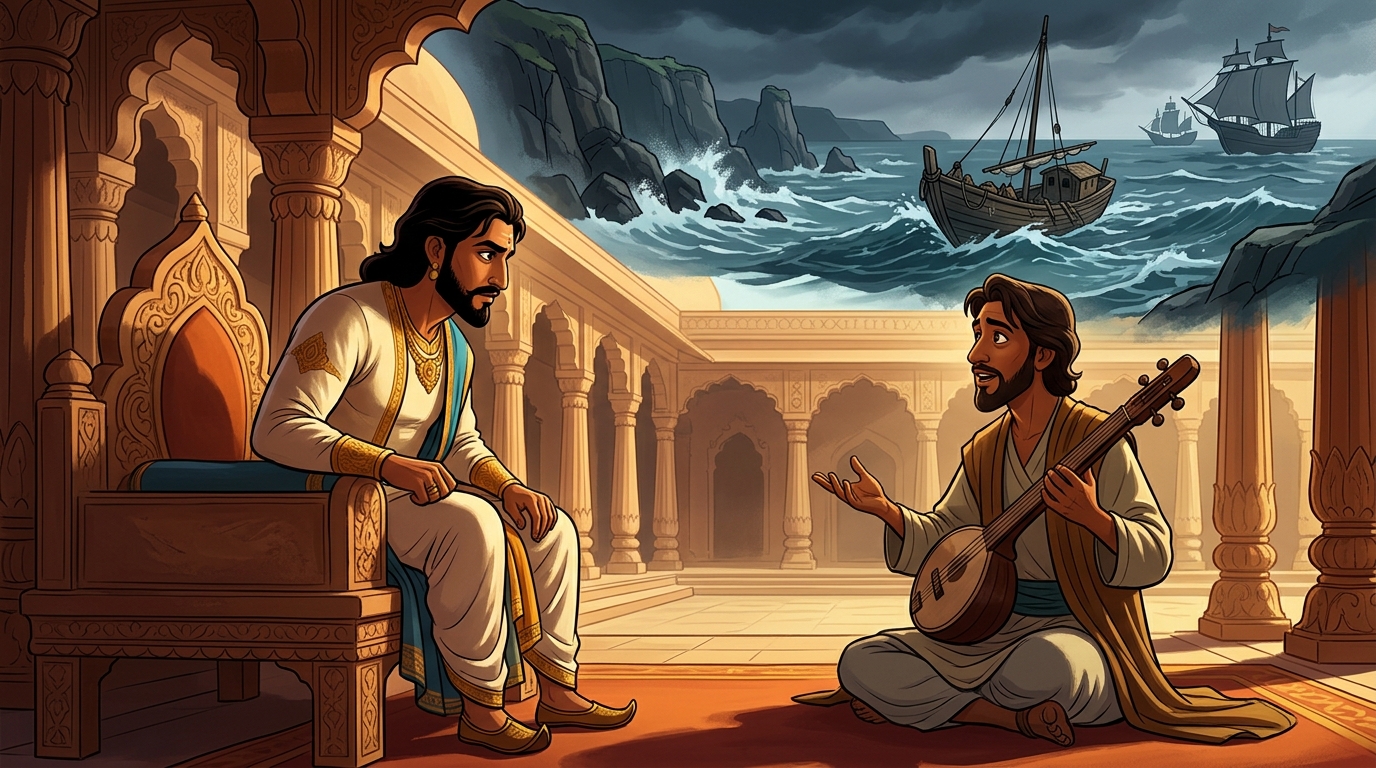 Vikramaditya listens intently as the minstrel describes the plight of the coastal divers
