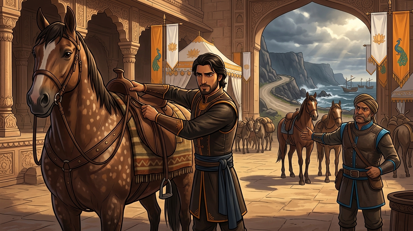 Vikramaditya dons practical riding leather, saddling his swift stallion