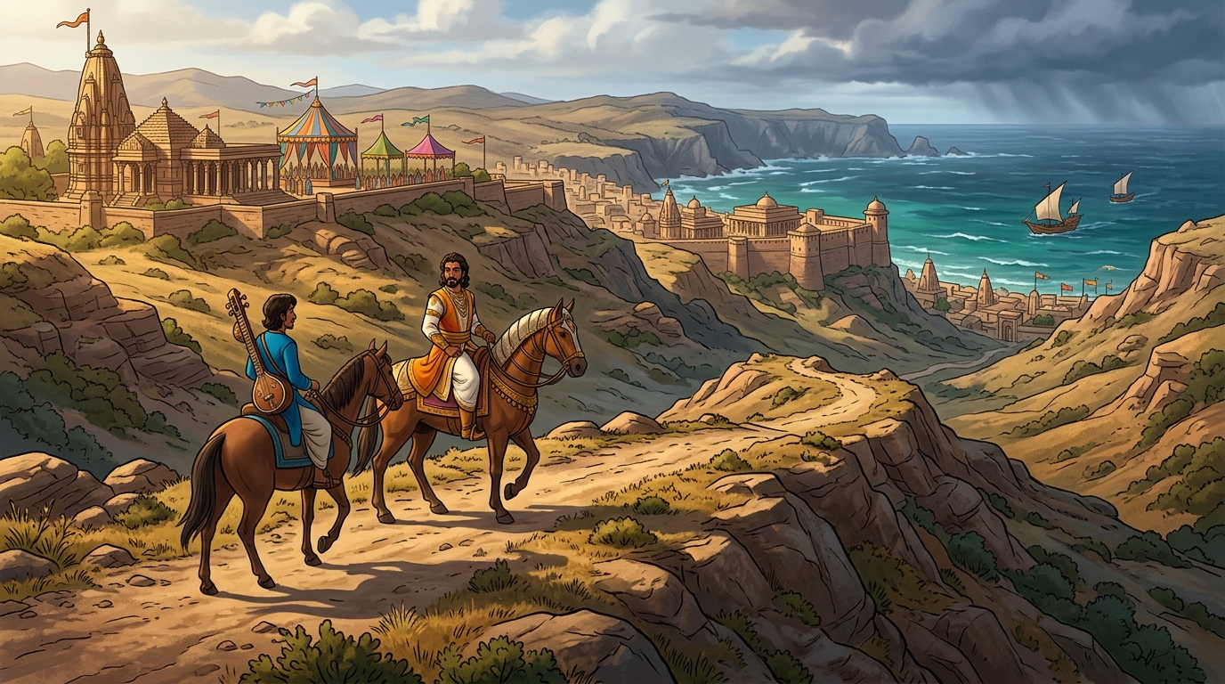 Vikramaditya and the minstrel ride across the rugged sunlit hills of Saurashtra