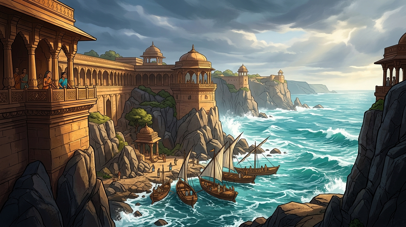 Arriving at the rocky shores of Prabhasa Patan, turquoise ocean waves crash against jagged cliffs