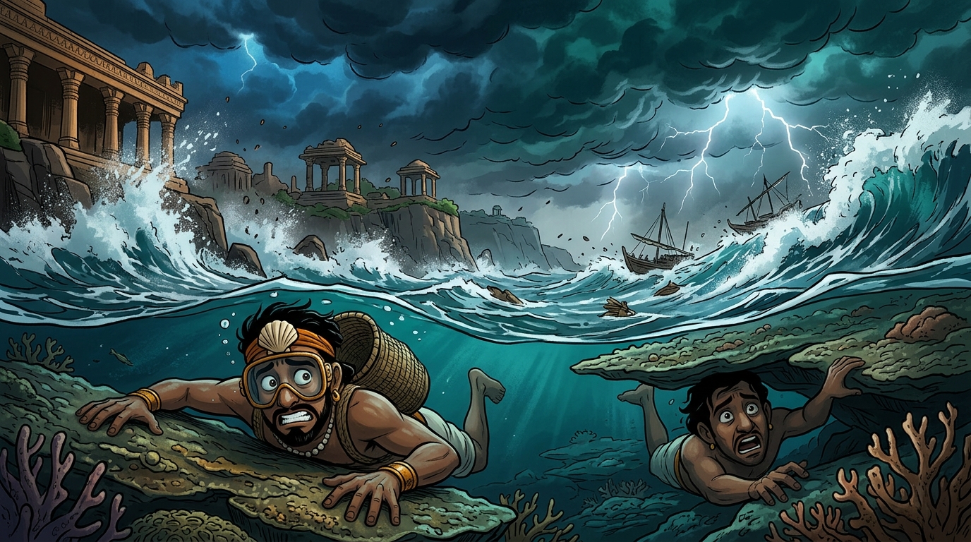 A sudden violent ocean tempest strikes; dark storm clouds churn the sea