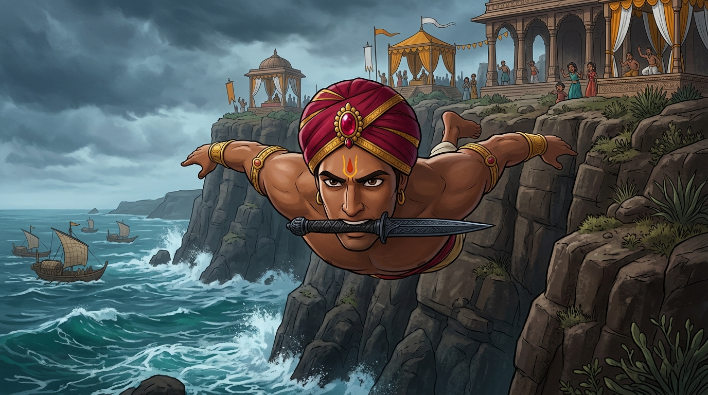 Vikramaditya dives fearlessly off the cliff into the churning ocean abyss