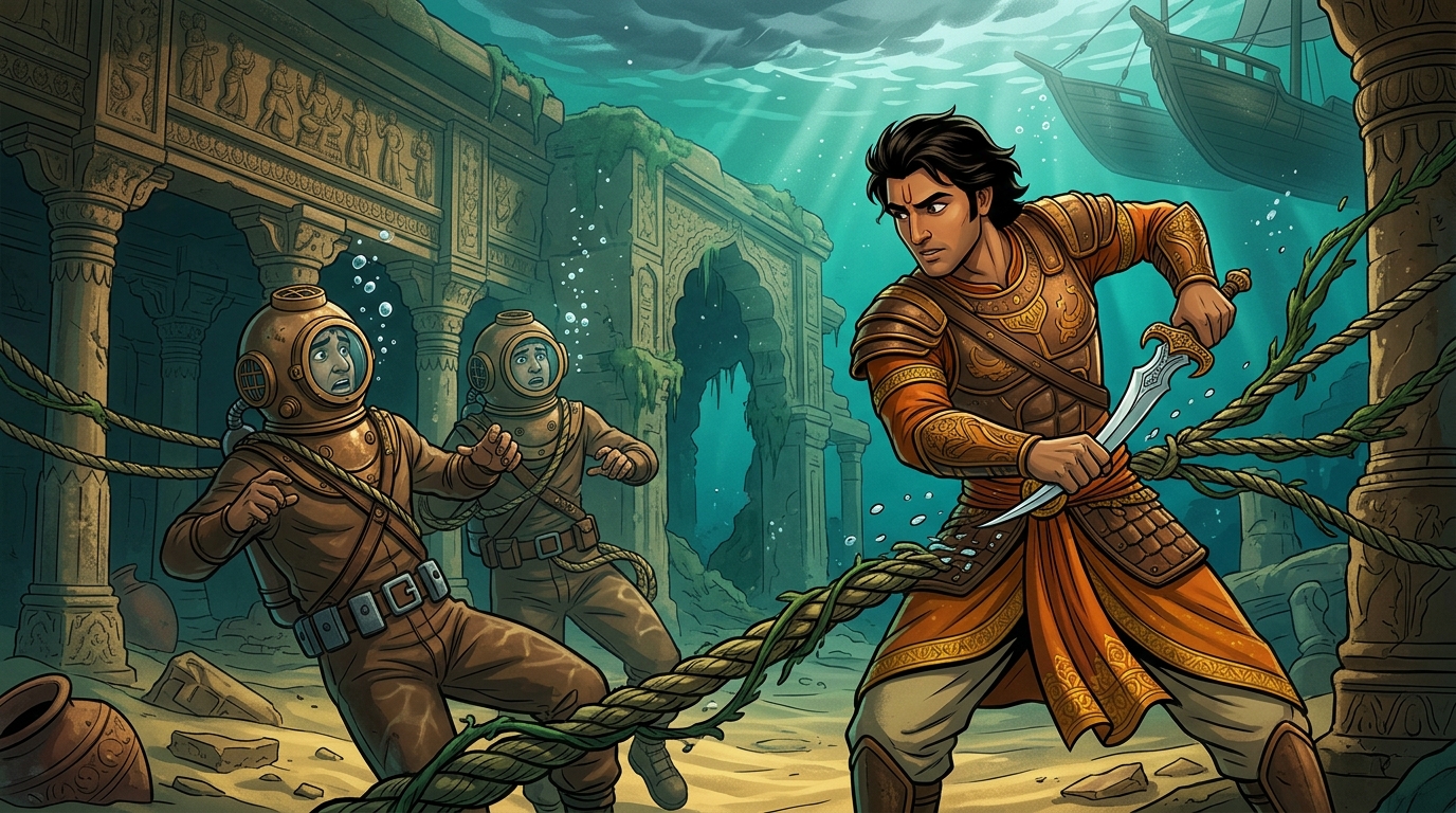 Deep beneath the waves, Vikramaditya slices through tangled seaweed ropes, freeing trapped divers