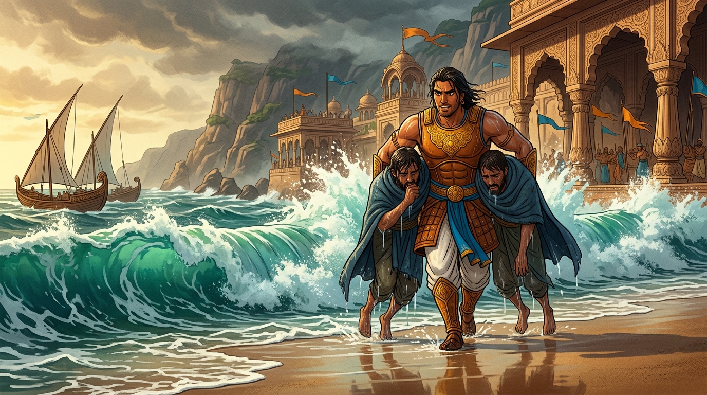 Vikramaditya bursts through the foaming waves, carrying the rescued divers onto the sandy beach