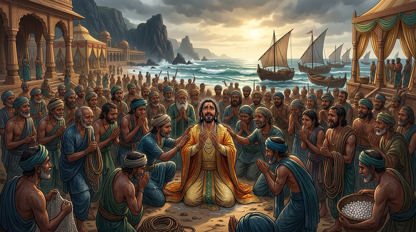 Hundreds of fishermen and divers gather around the drenched Emperor in tears of awe