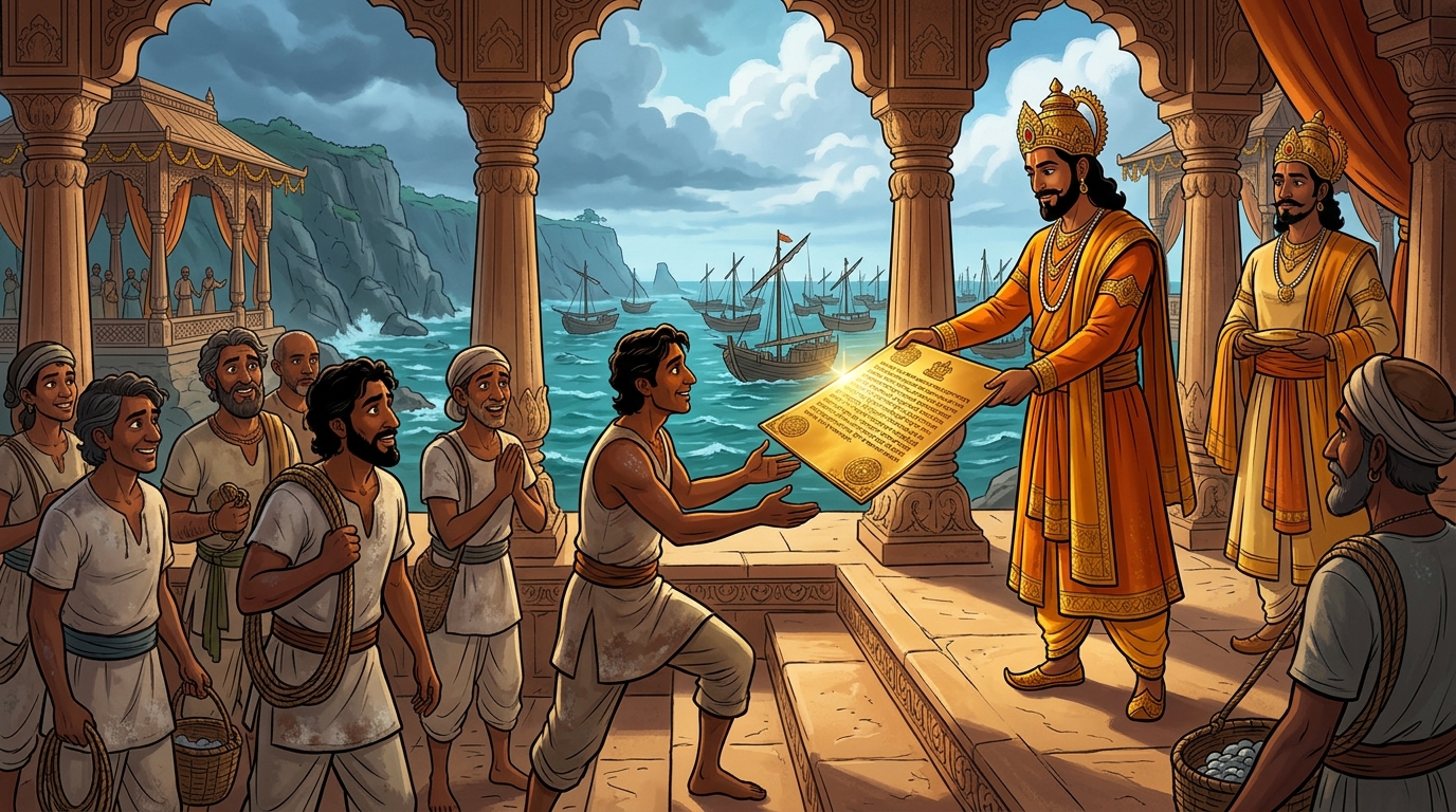 Vikramaditya presents the golden copper charter granting full ownership to the divers forever