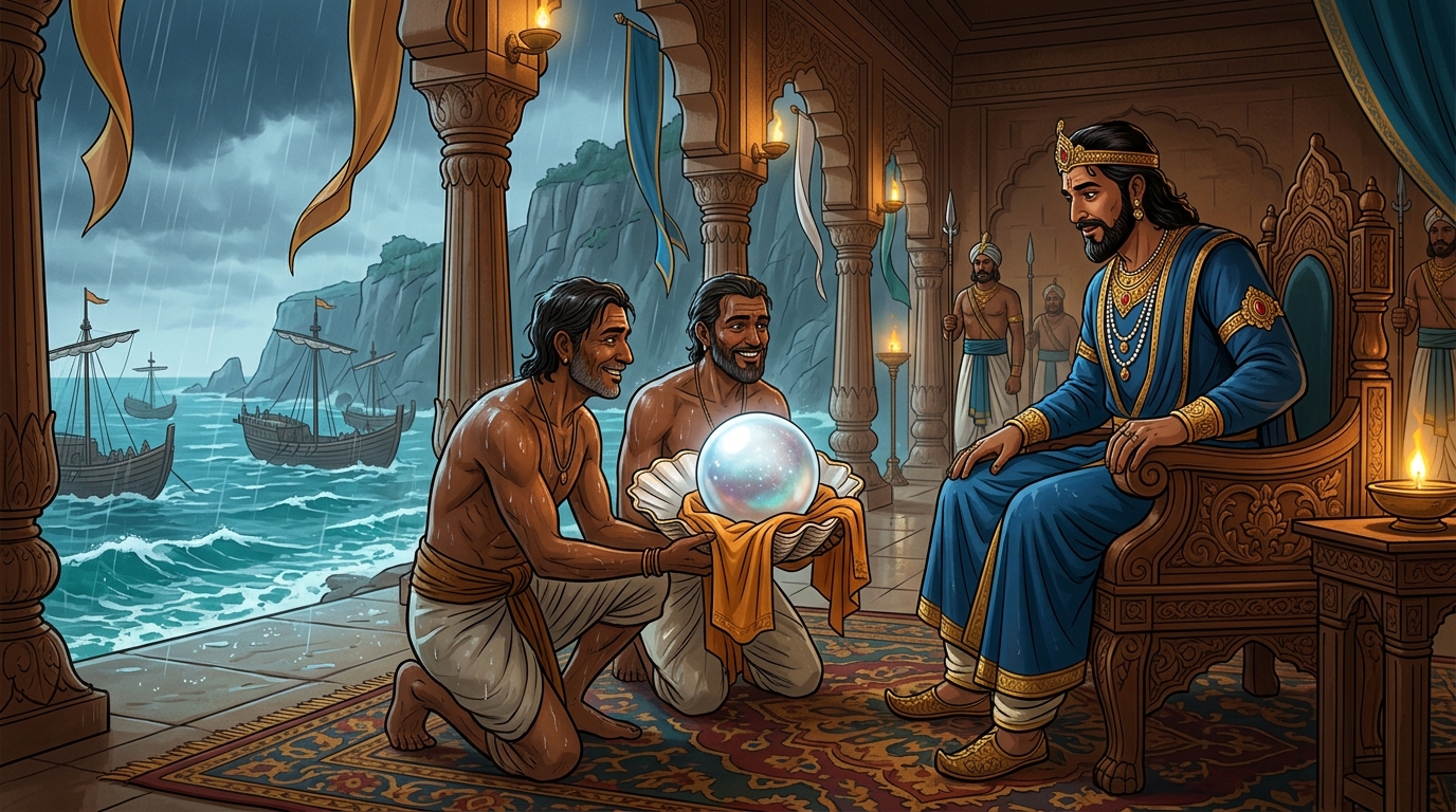 The grateful divers offer the King the supreme ocean pearl (Maha-Shankha Mukta)
