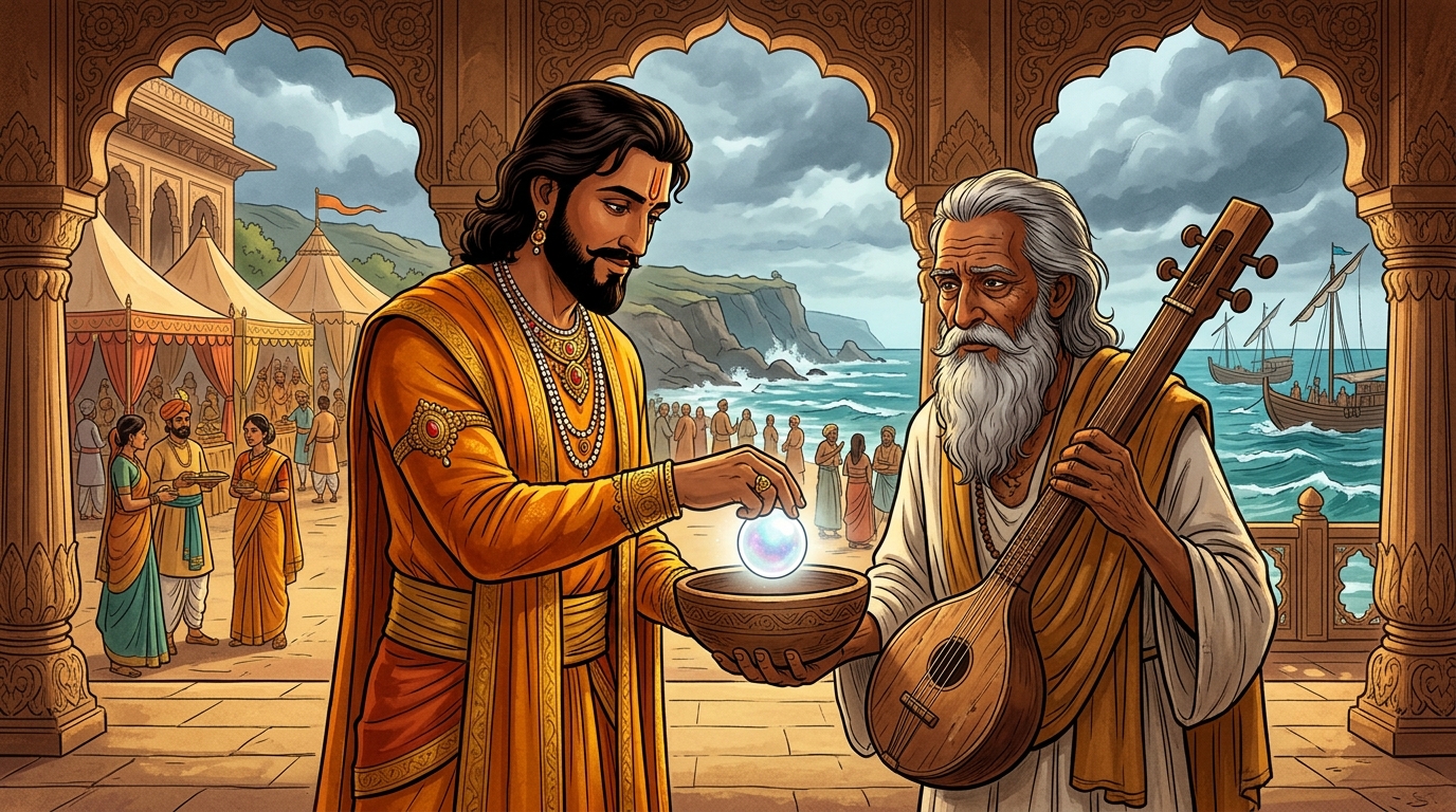 Vikramaditya gently places the priceless cosmic pearl into the wooden bowl of Minstrel Gunakara