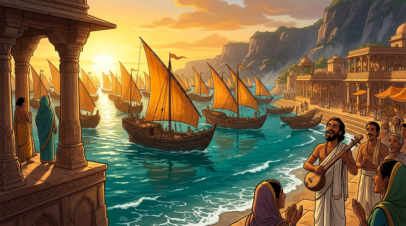 Under the golden morning sun, forty pearl barges raise saffron sails as Gunakara sings hymns