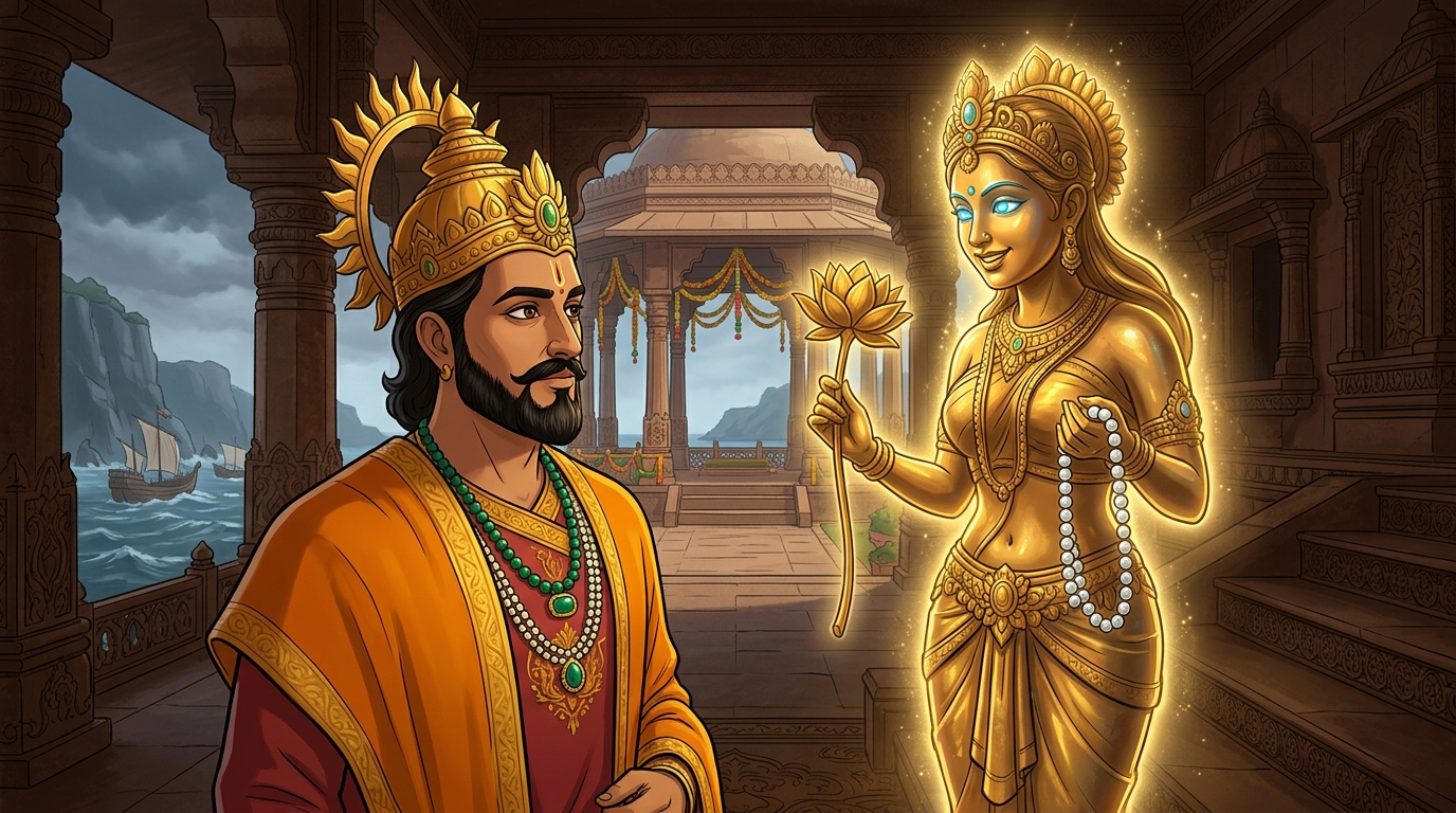 Back in Dharanagari palace, Kamalini looks directly at King Bhoja with lotus-azure eyes