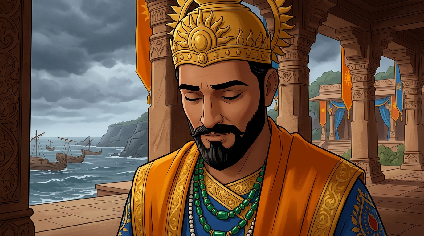 King Bhoja lowers his head in deep humility and introspection, acknowledging Vikramaditya's courage