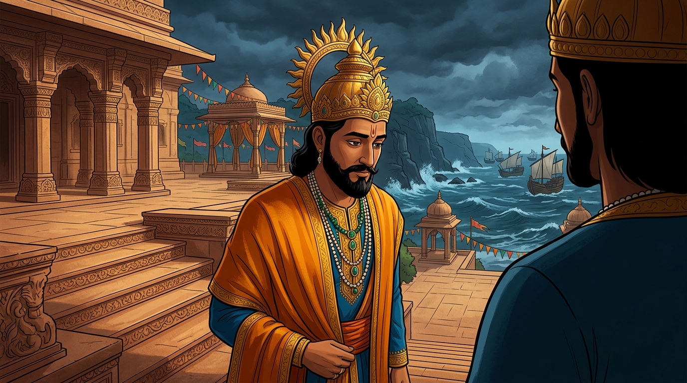 King Bhoja steps down from the fifteenth step, ordering maritime welfare guilds established