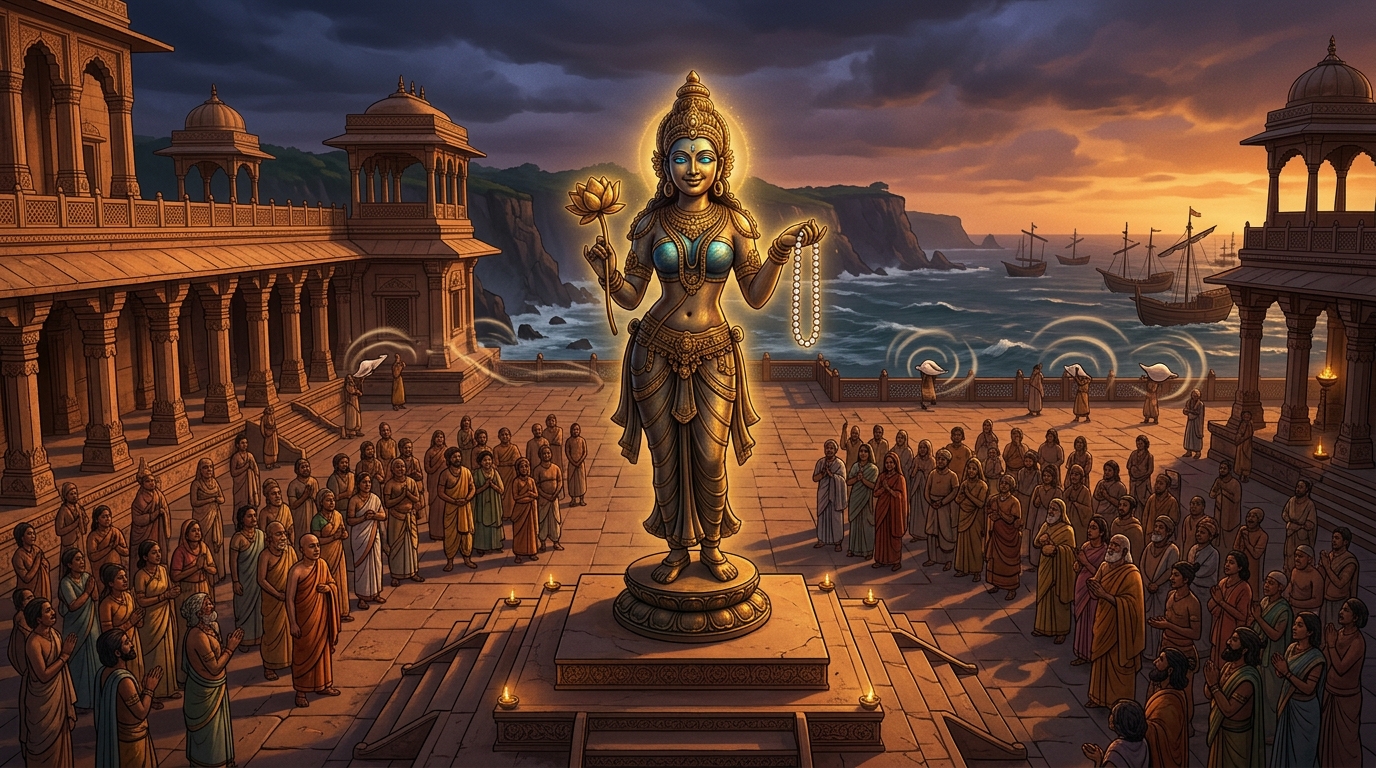 Twilight conches echo across Dharanagari as Kamalini smiles and freezes back into silent bronze