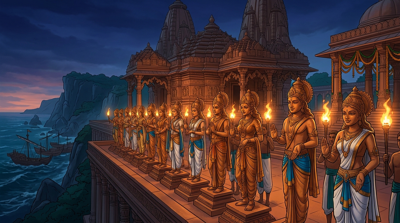 The remaining seventeen celestial statues gleam in the evening torchlight