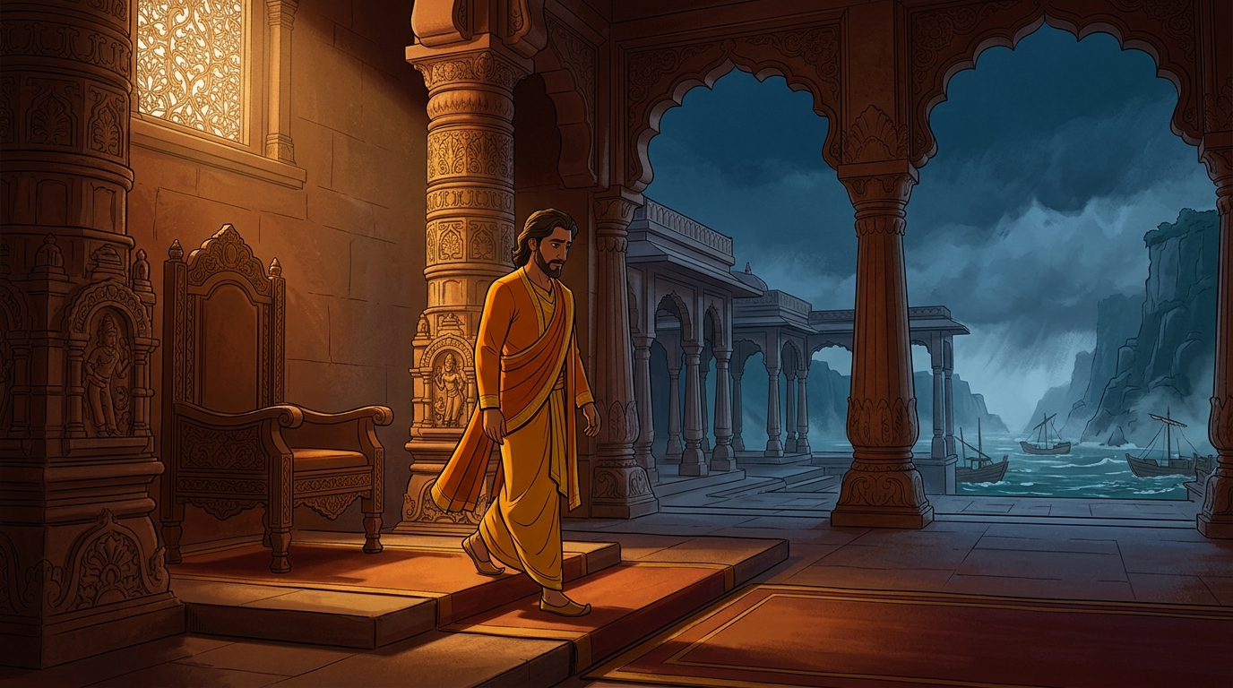 King Bhoja departs the throne hall in quiet contemplation, inspired by Vikramaditya's magnanimity