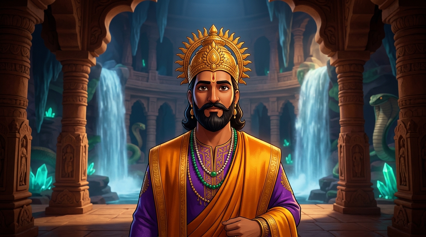 King Bhoja in sacred saffron silks approaches the sixteenth step (the halfway apex)