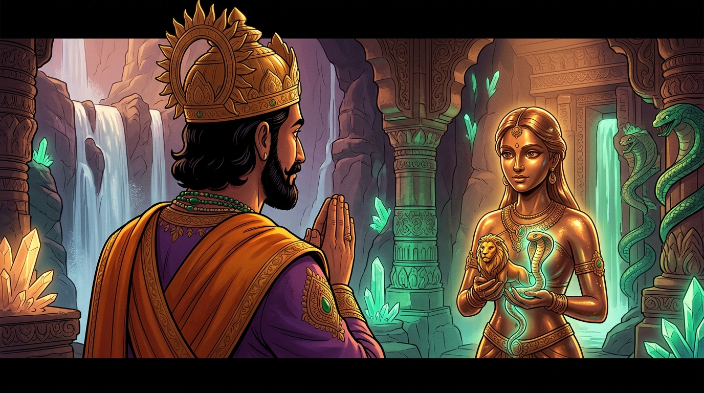 King Bhoja halts in deep reverence with folded hands, gazing at the living bronze maiden