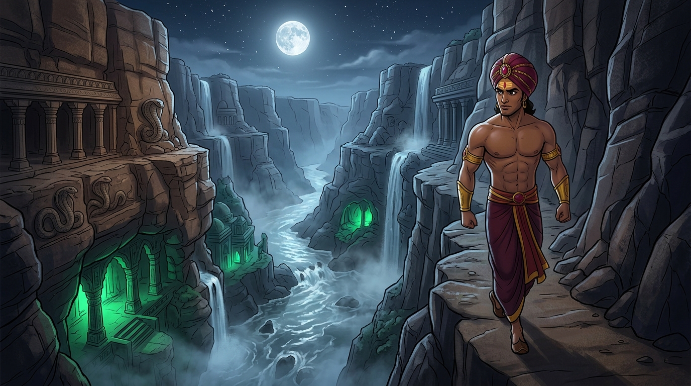 Under silver moonlight, Vikramaditya walks along the misty rocky gorge of the Shipra river