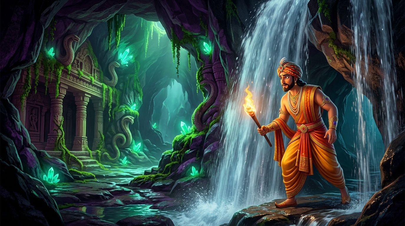 Vikramaditya steps behind a thundering waterfall into a hidden subterranean cavern
