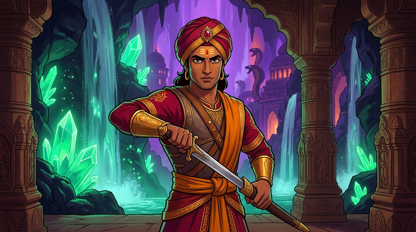 Vikramaditya draws his Wootz steel sword: 'Fear not, noble princess!'