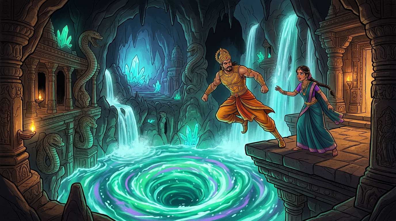 Guided by the princess, Vikramaditya leaps into the swirling bioluminescent water vortex