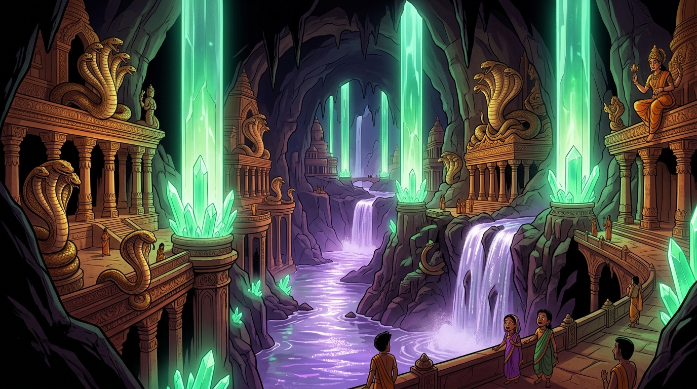 The breathtaking underground realm of Patala Loka: glowing crystal pillars and silver rivers
