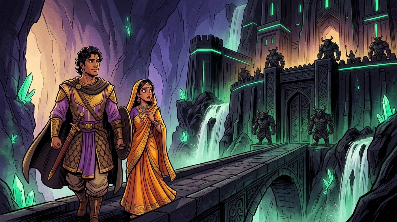 Vikramaditya and the princess reach the dark obsidian citadel of Bhogavati