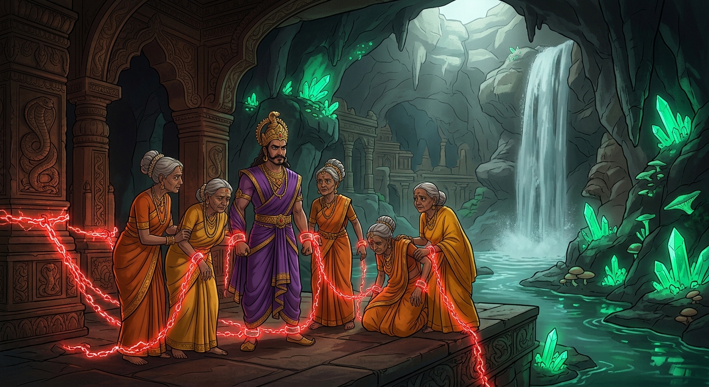 Naga elders and King Vasuki chained in glowing red energy shackles beneath the fortress