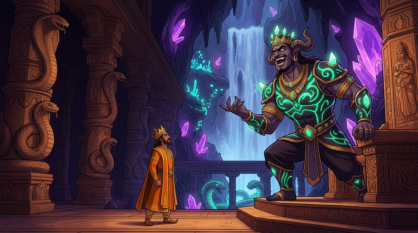 The Asura lord laughs at the mortal King: 'A creature of clay dares challenge the master of the netherworld?!'
