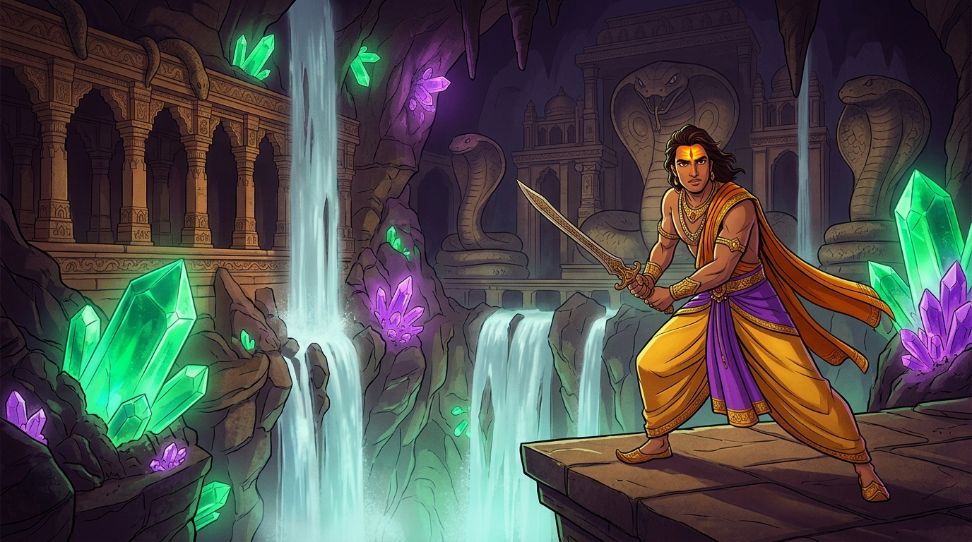 Vikramaditya stands resolute, radiant saffron tilak blazing on his forehead