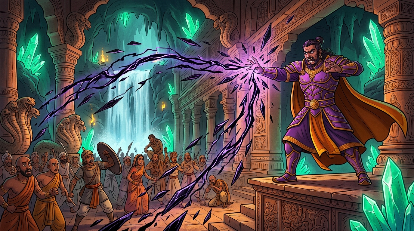 The Asura warlord unleashes dark magic: black energy bolts and obsidian shards