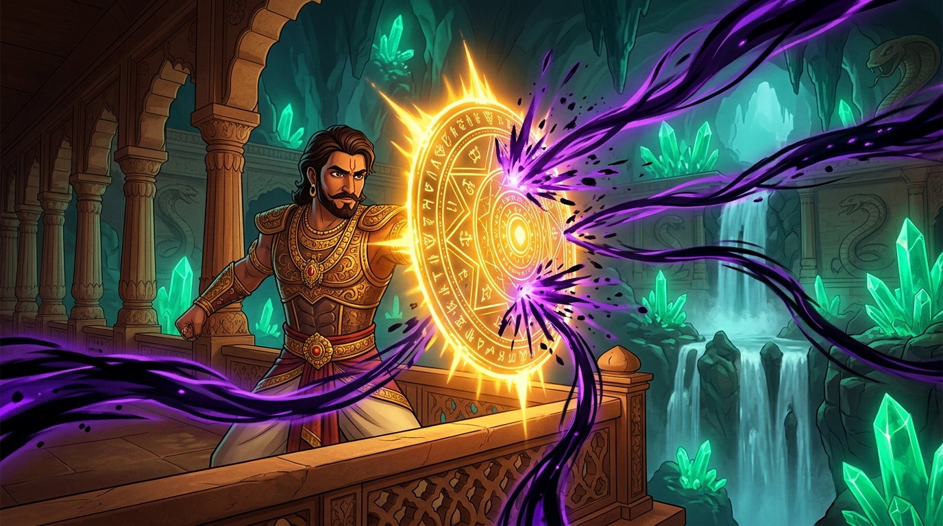 Vikramaditya deflects the dark spells with a blazing golden shield of Vedic martial energy