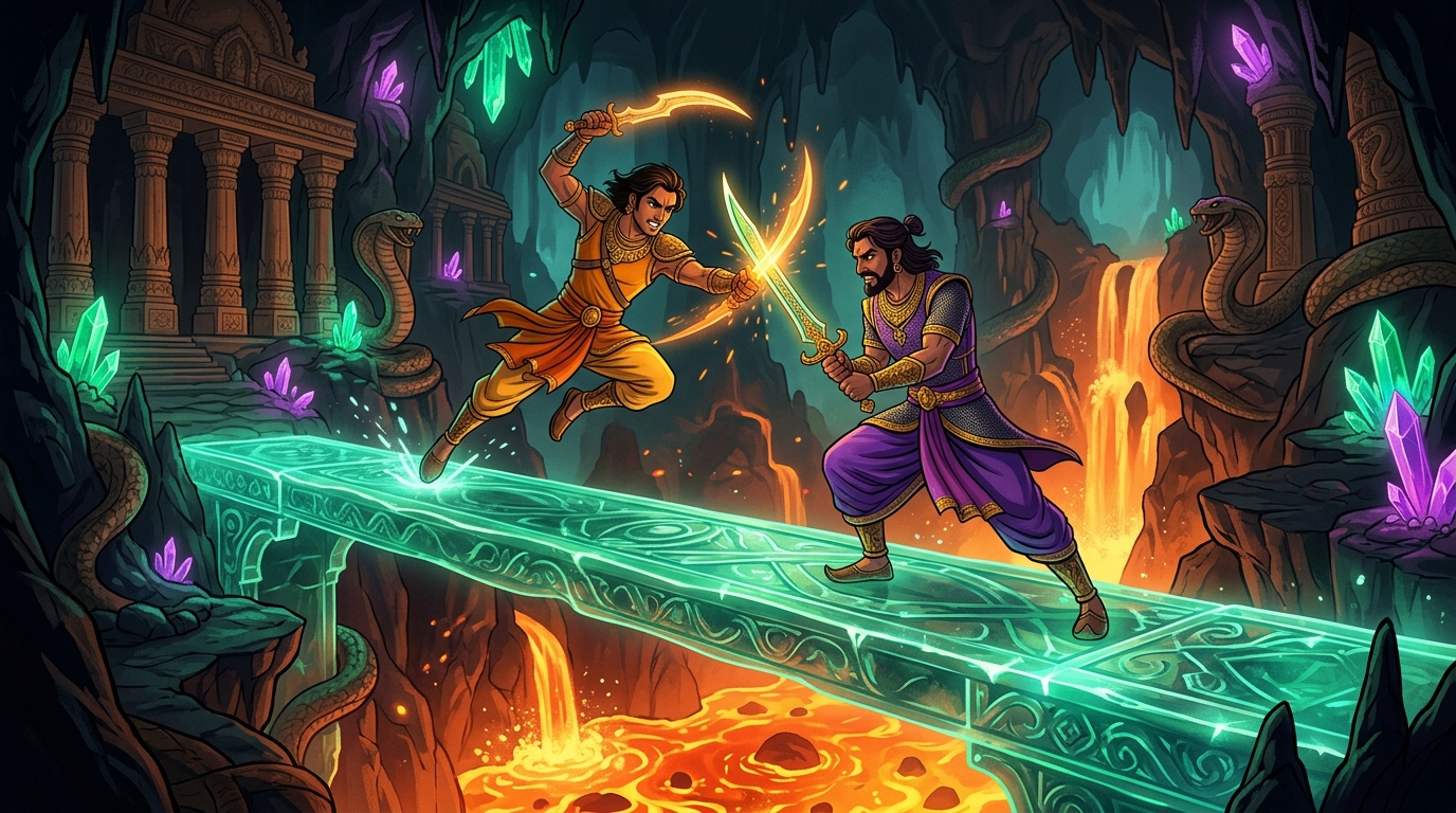 Kinetic sword battle on a narrow glowing crystal bridge over a magma chasm