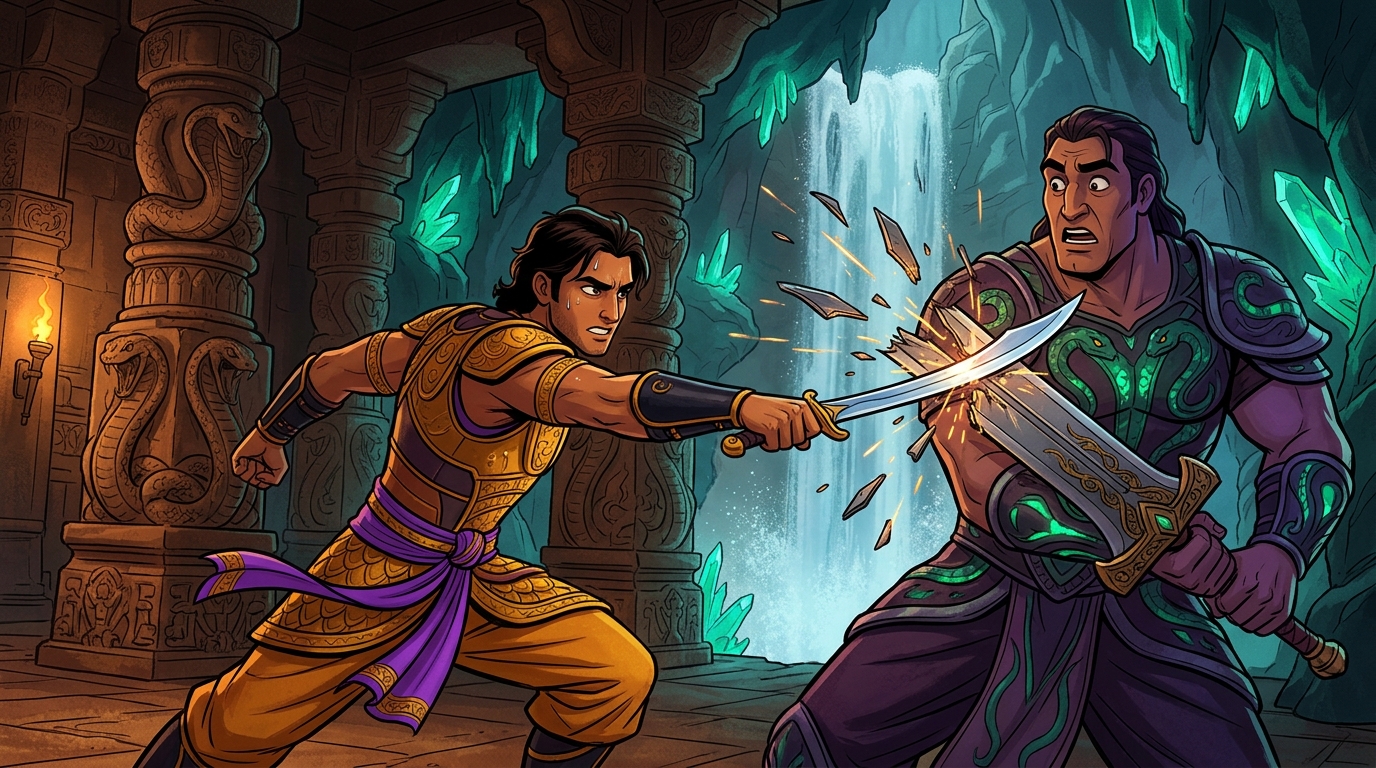 Vikramaditya executes a lightning-fast warrior strike, shattering Shankhachuda's broadsword