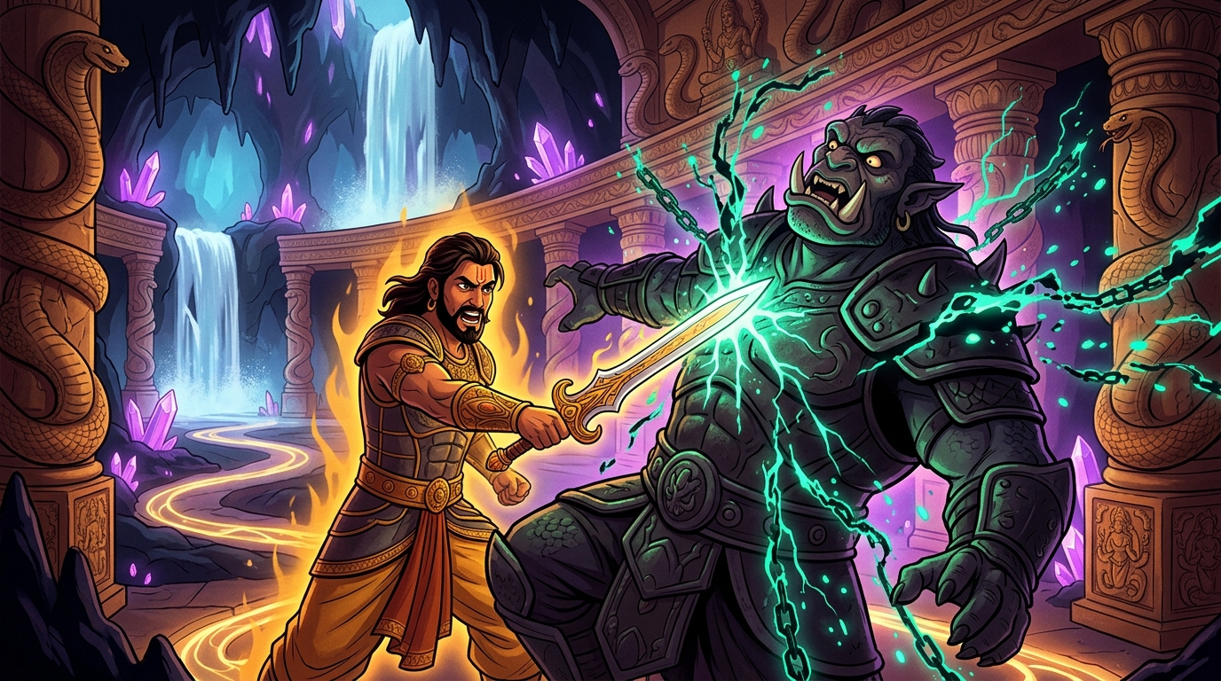 With a decisive heroic blow, Vikramaditya subdues the demon warlord