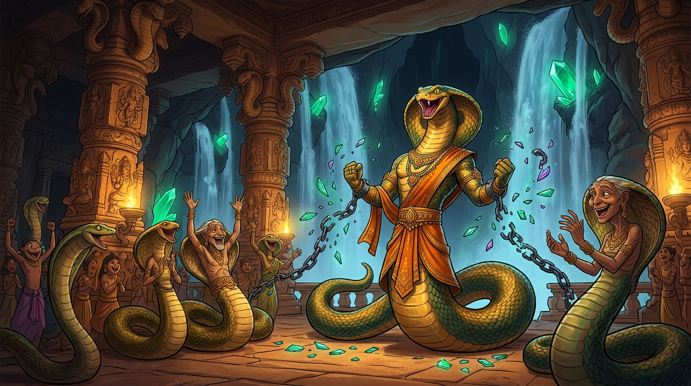 The magical chains shatter; King Vasuki and the serpent elders are freed amidst joyous cheers