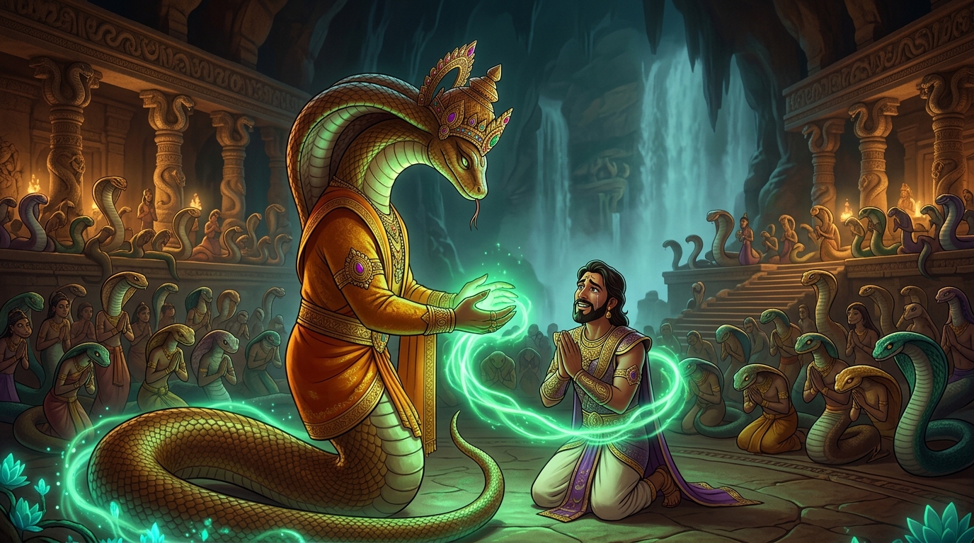 The entire Naga race bows in tears of spiritual awe; Vasuki blesses the King with poison immunity