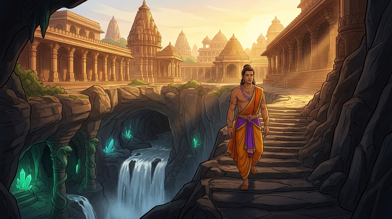 Vikramaditya resurfaces from the Shipra gorge into the golden morning sunlight of Ujjayini
