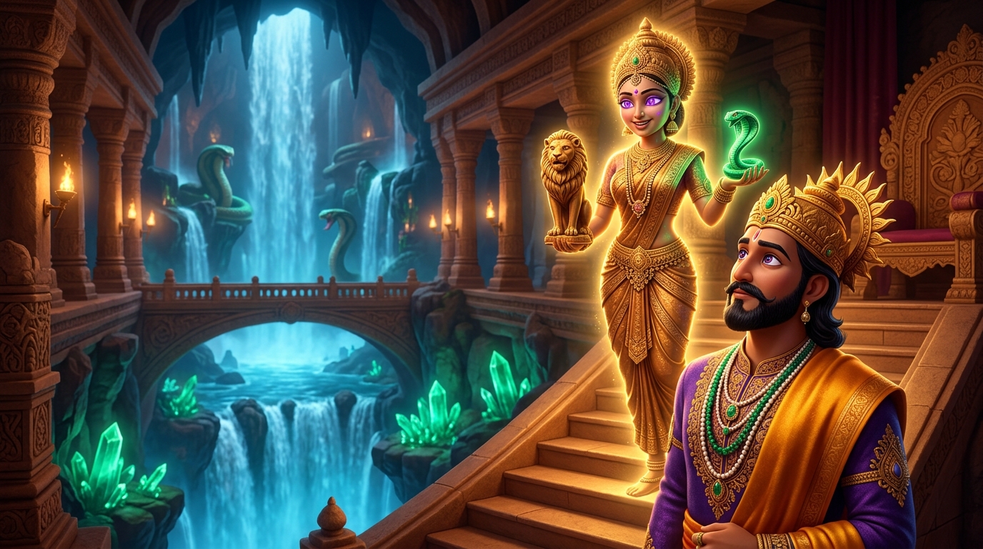 Back in Dharanagari palace, Manmohini looks directly at King Bhoja with amethyst-violet eyes