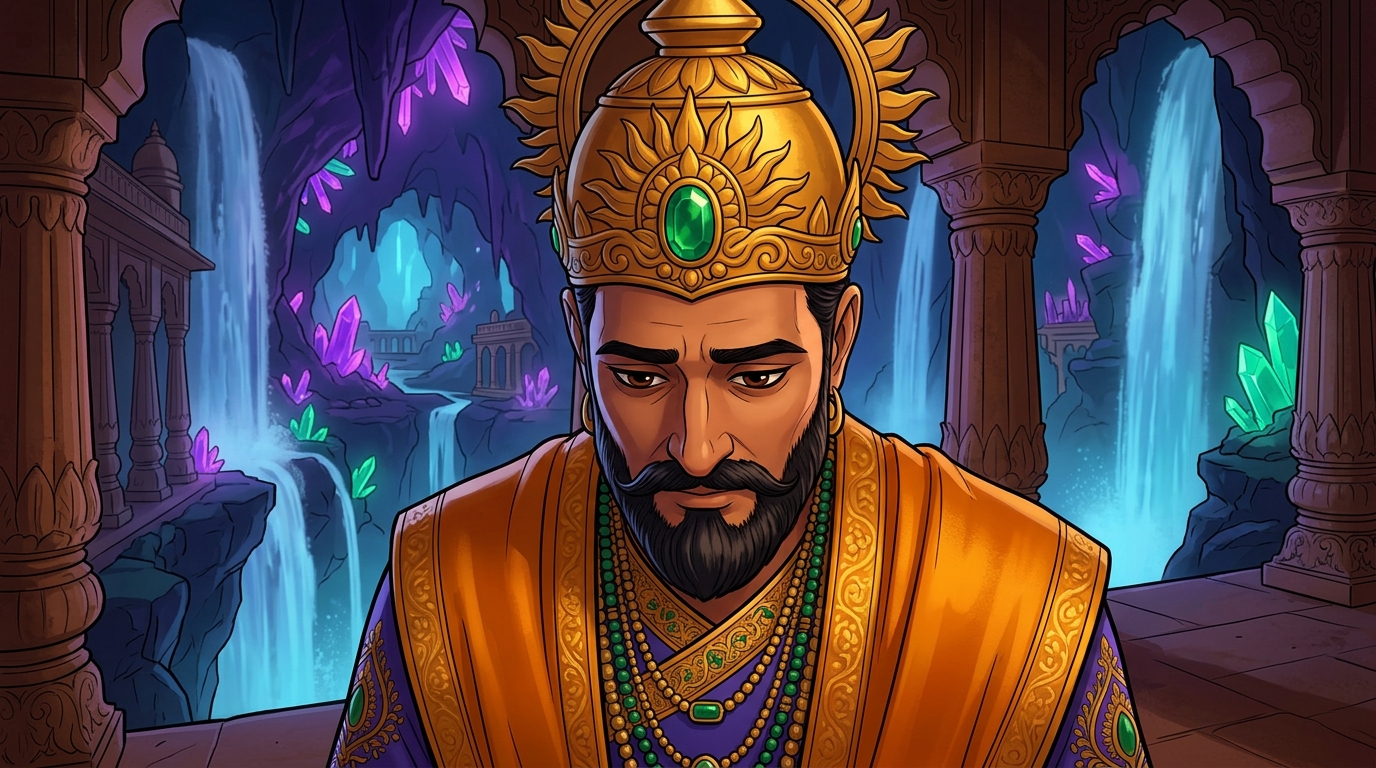 King Bhoja lowers his head in deep humility and introspection, acknowledging Vikramaditya's chivalry