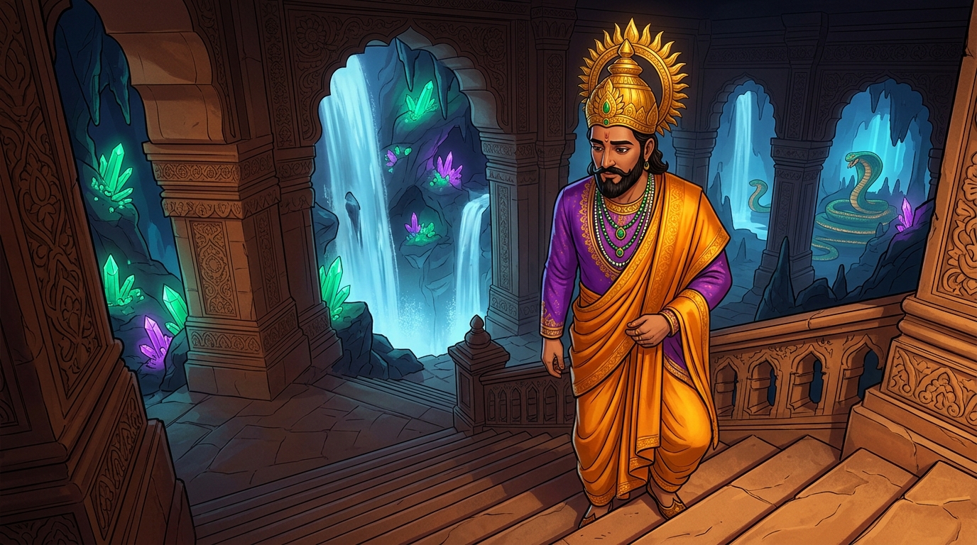 King Bhoja steps down from the sixteenth step, ordering ecological and disaster trusts established