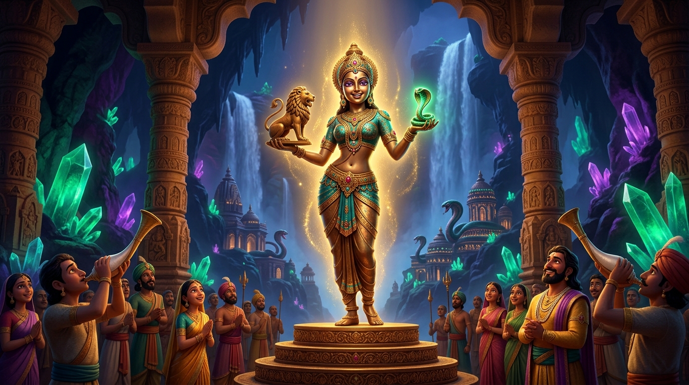 Twilight conches echo across Dharanagari as Manmohini smiles and freezes back into silent bronze