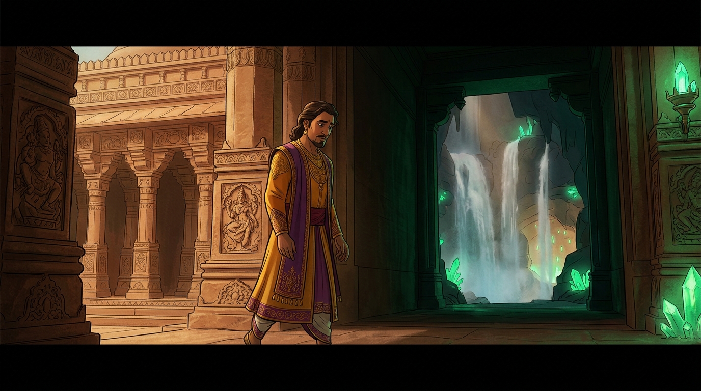 King Bhoja departs the throne hall in quiet contemplation, inspired by the halfway milestone