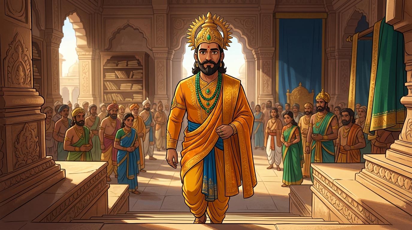 King Bhoja in sacred saffron silks approaches the seventeenth step of the throne