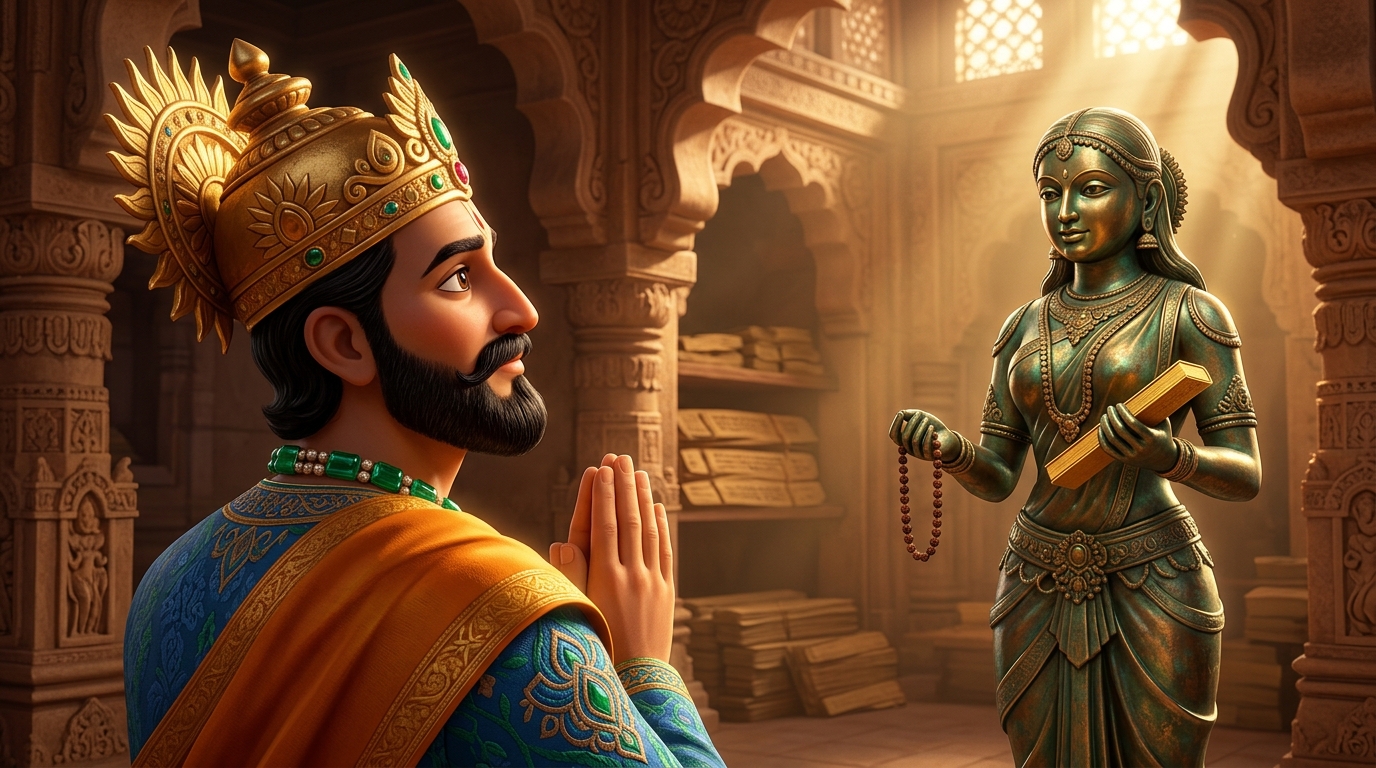 King Bhoja halts in deep reverence with folded hands, gazing at the living bronze maiden