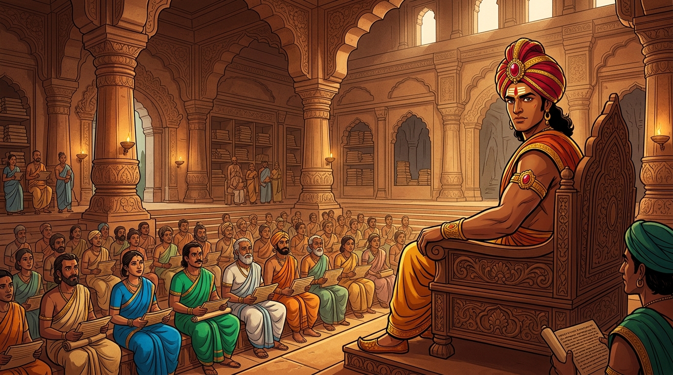 In the opulent assembly hall of ancient Ujjayini, Vikramaditya presides over a grand gathering