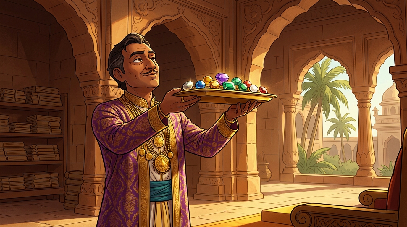 Proud scholar Vidyanidhi presents a golden tray containing nine dazzling planetary gems