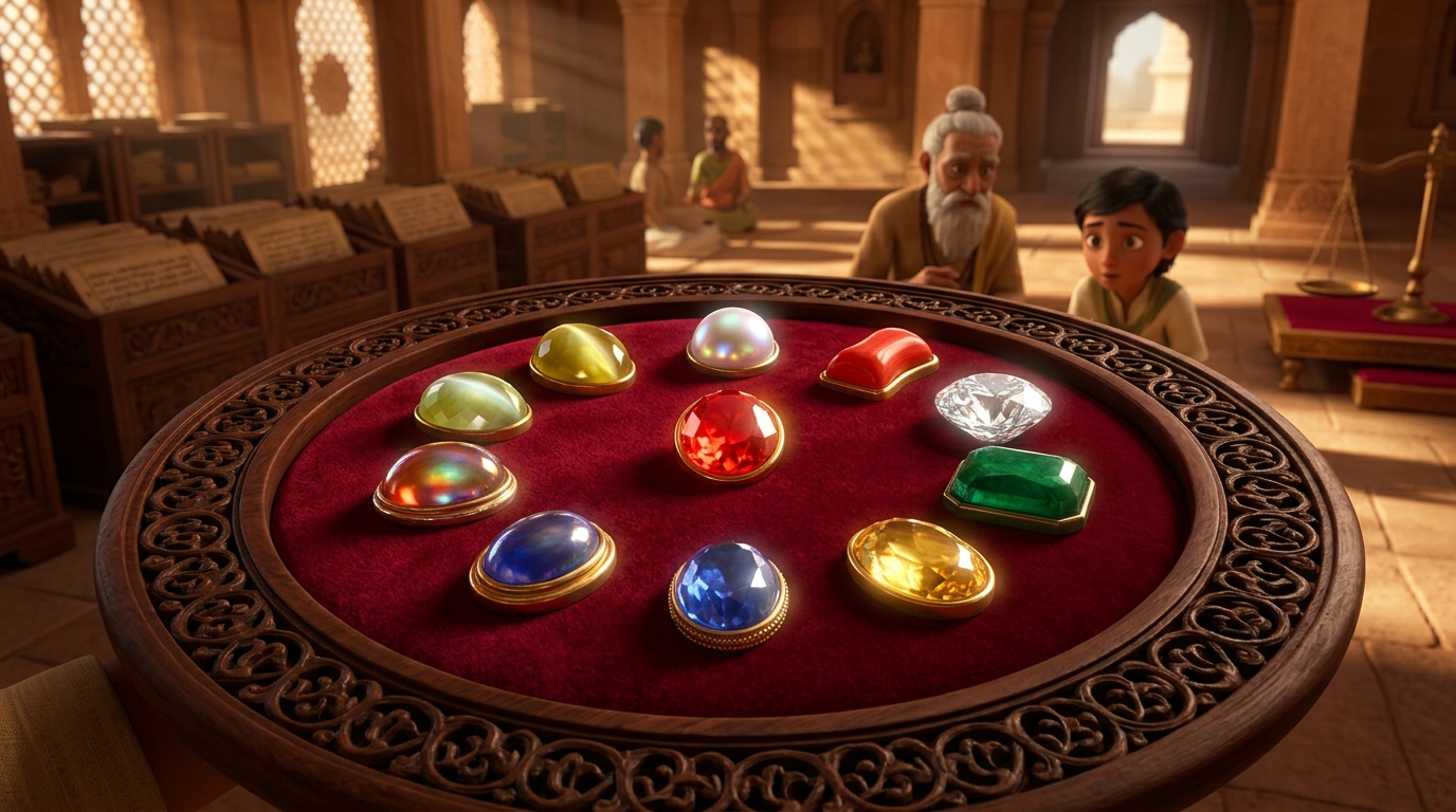 The nine planetary gems gleaming in emerald, ruby, pearl, sapphire, and diamond brilliance